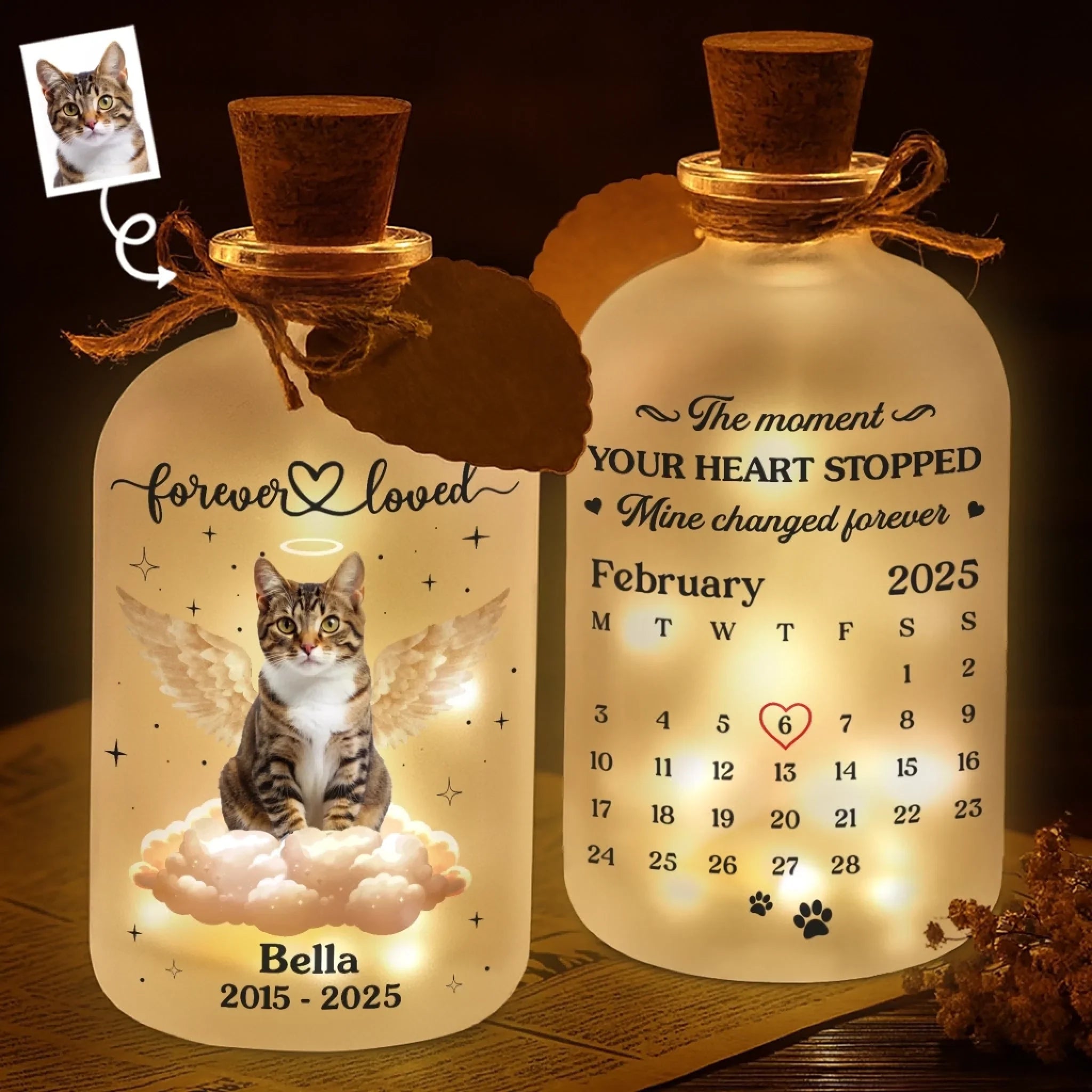 Custom Photo Glass Bottle LED Light - Personalized Pet Christmas Memorial Sympathy Gifts For Dogs, Cats - Warm Memories Of Paws And Love main image 1