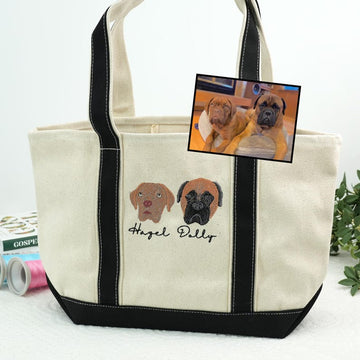 Embroidered Custom Pet Face Canvas Tote Bag using Pet Photo