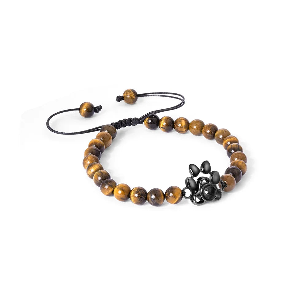 Custom Photo Projection Paw Print Tiger Eye Beaded Bracelet