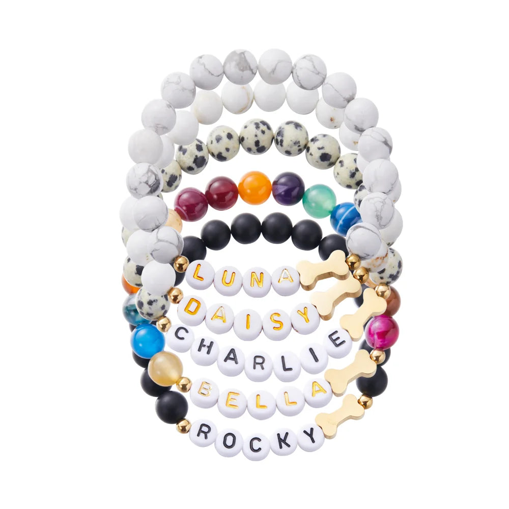 Personalized Pet Name Dog Bone Beaded Bracelet