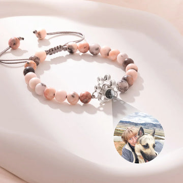 Custom Photo Projection Paw Print Tiger Eye Beaded Bracelet