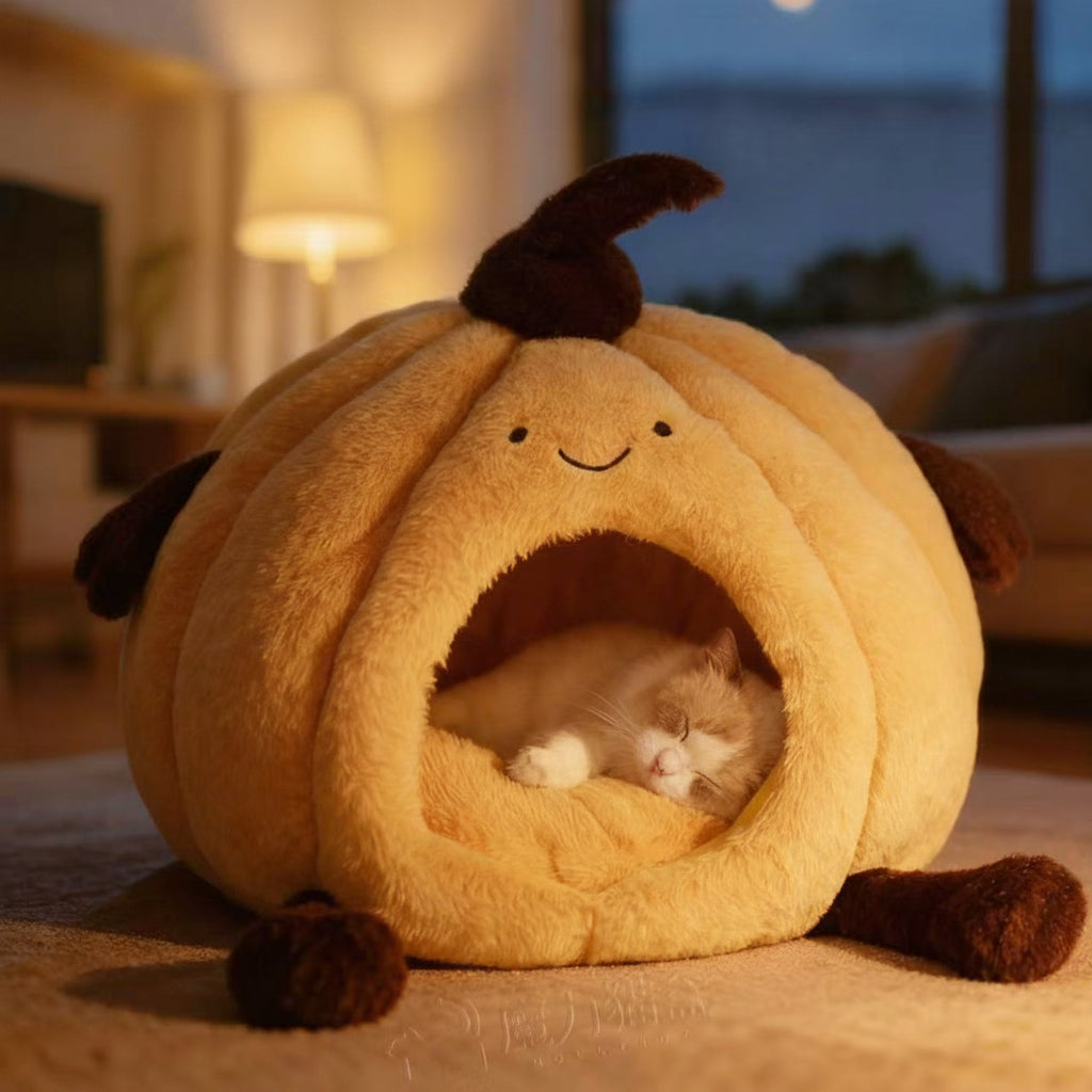 Pumpkin Cat Cave Bed – Cozy Halloween Cat House with Plush Cushion, Cute Smiley Face Design