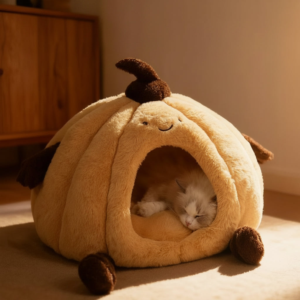Pumpkin Cat Cave Bed – Cozy Halloween Cat House with Plush Cushion, Cute Smiley Face Design