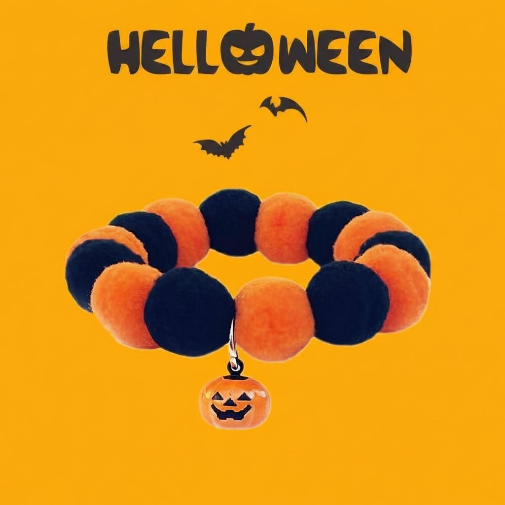 Halloween Pom Pom Cat Collar with Pumpkin Bell Charm – Spooky Festive Pet Accessory