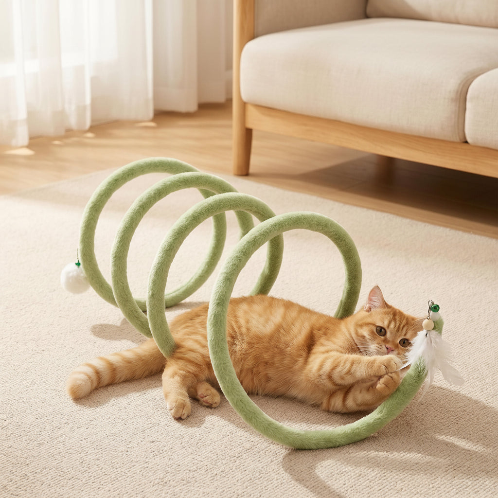 Plush Spring Spiral Cat Toy with Feather & Bell