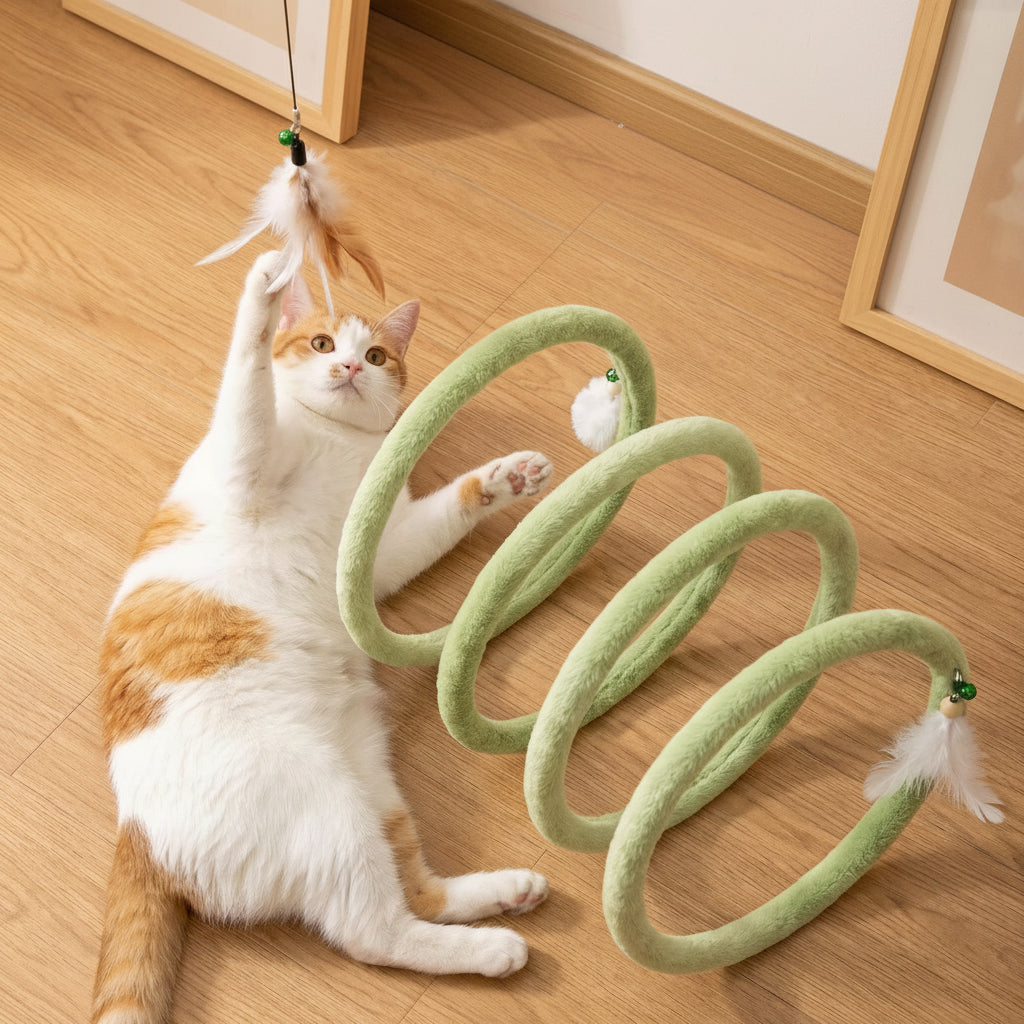Plush Spring Spiral Cat Toy with Feather & Bell