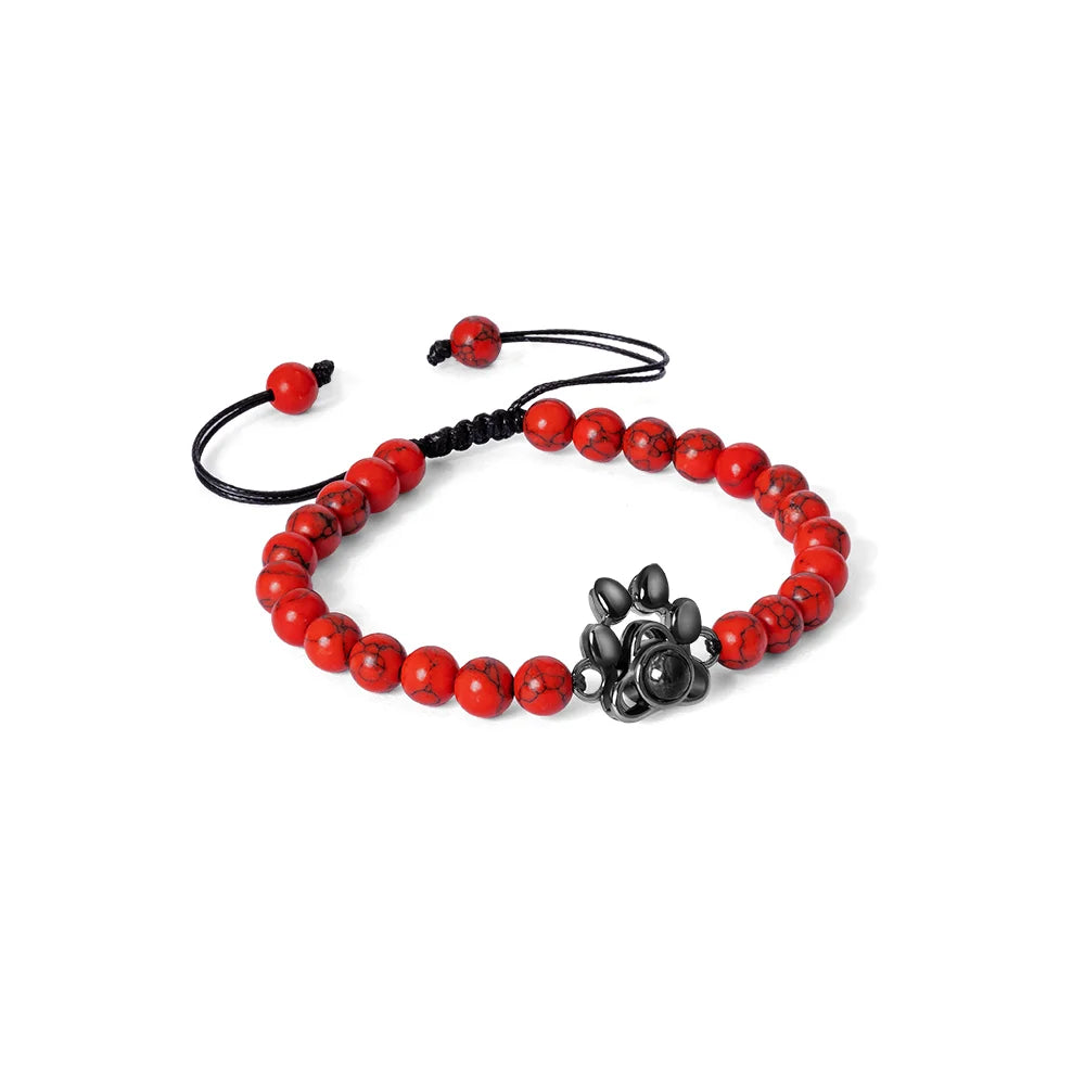 Custom Photo Projection Paw Print Tiger Eye Beaded Bracelet