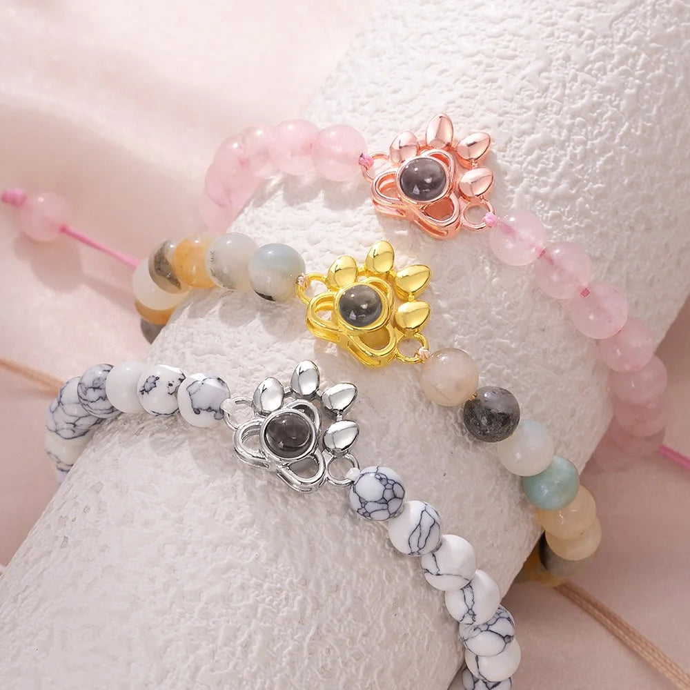 Custom Photo Projection Paw Print Tiger Eye Beaded Bracelet