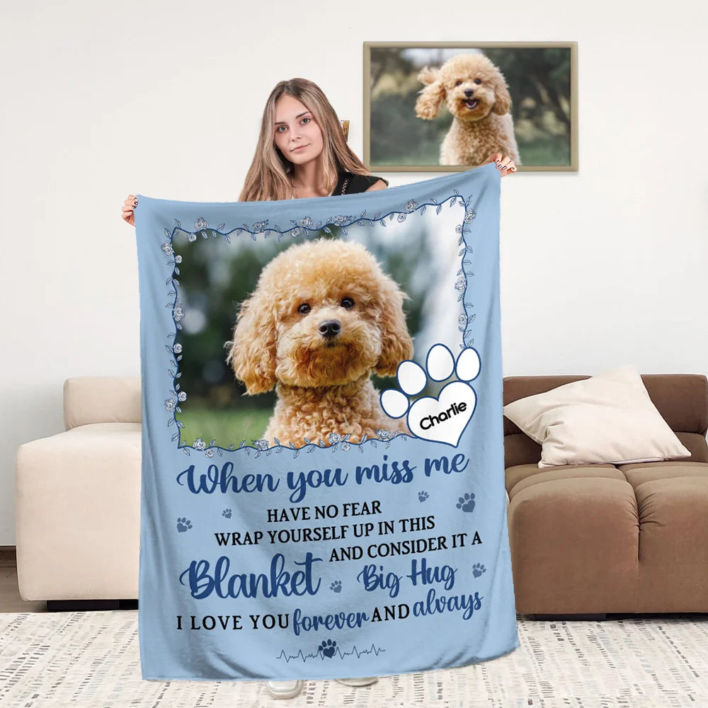 Personalized Miss Me No Fear Paw Print Soft Throw Blanket with Pet Photo and Name
