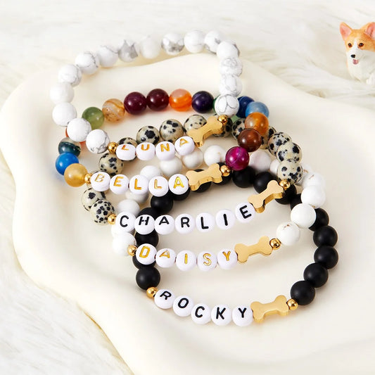 Personalized Pet Name Dog Bone Beaded Bracelet