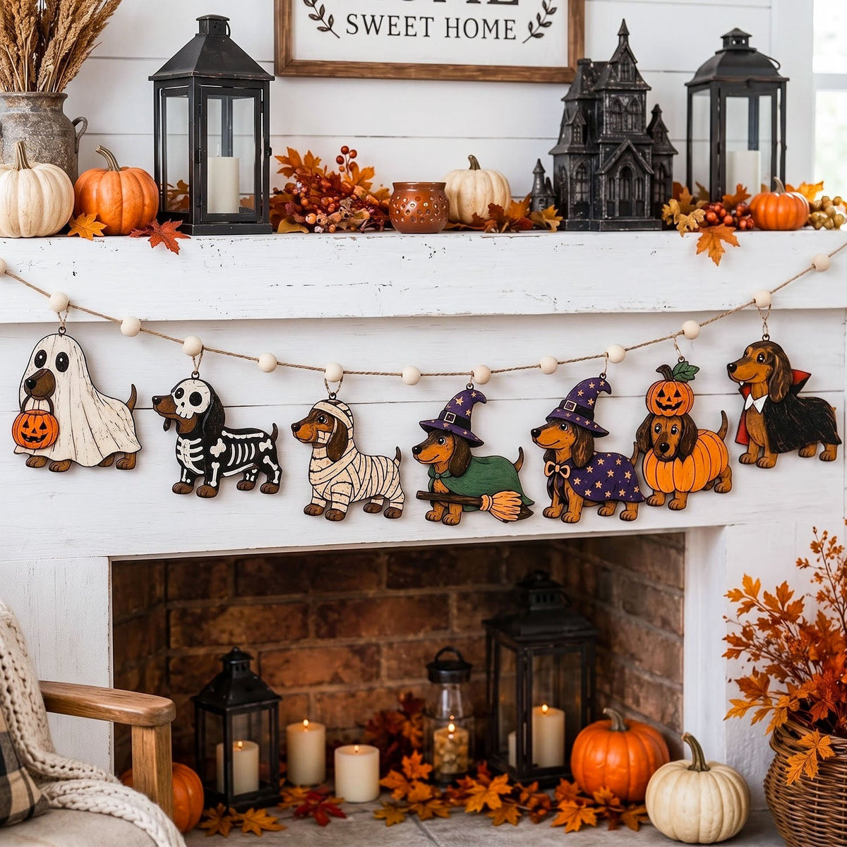 Halloween Dachshund Wooden Garland Spooky Pet Dog Decor