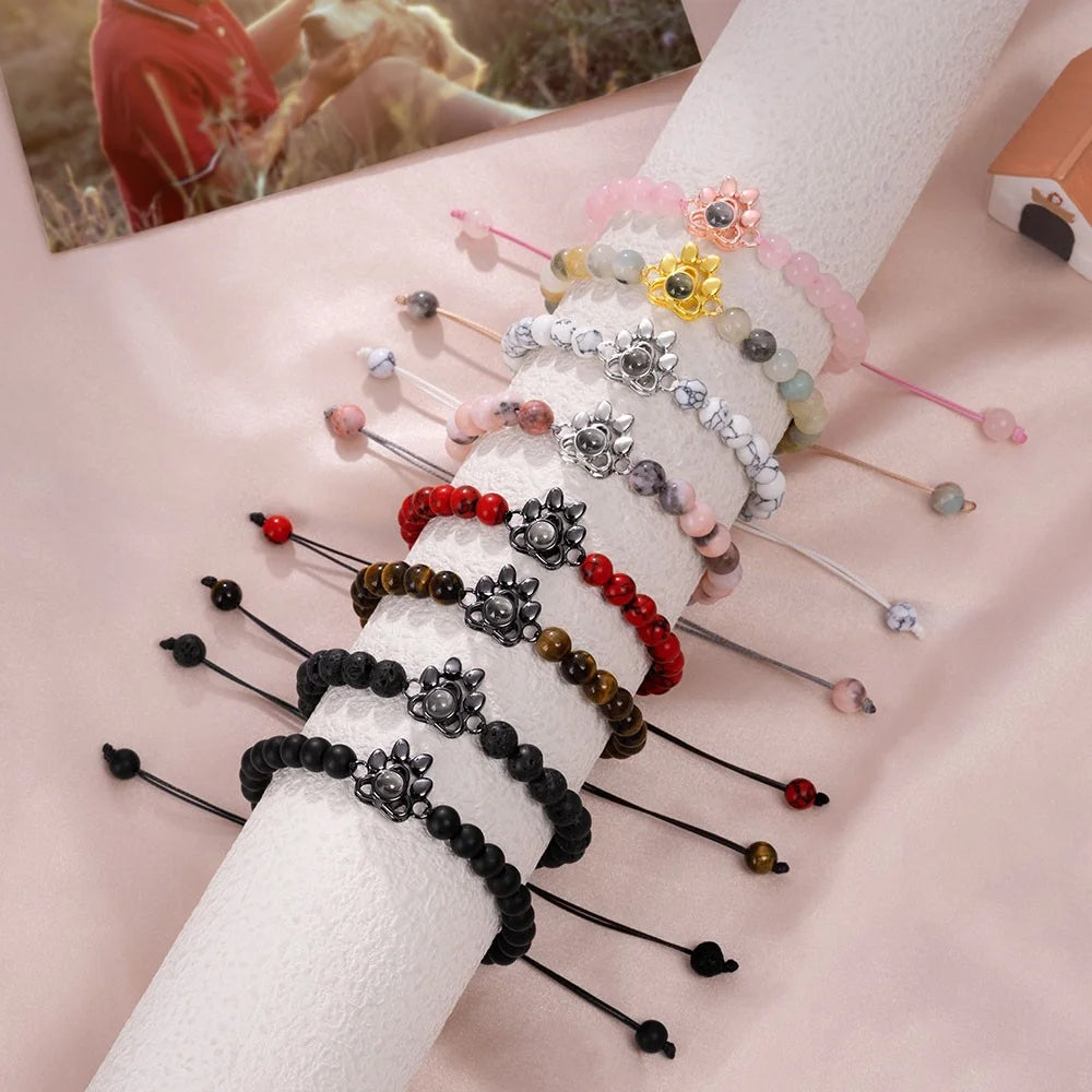 Custom Photo Projection Paw Print Tiger Eye Beaded Bracelet