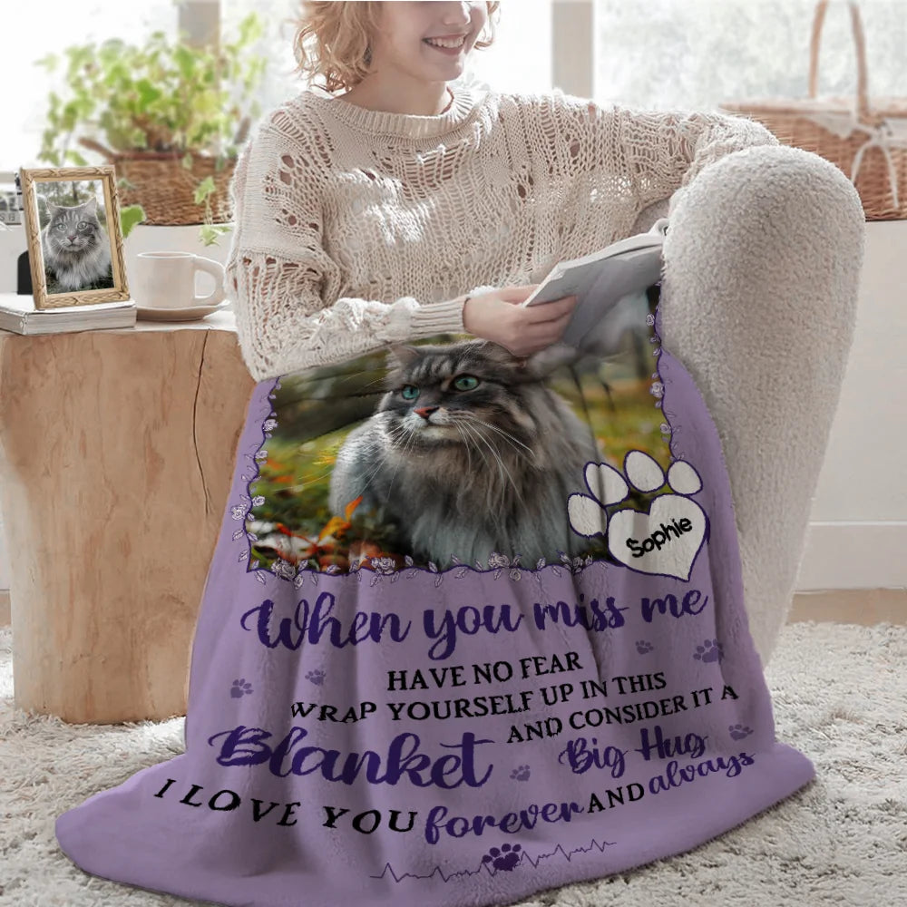 Personalized Miss Me No Fear Paw Print Soft Throw Blanket with Pet Photo and Name