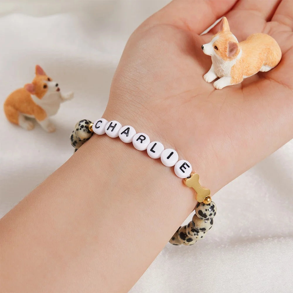 Personalized Pet Name Dog Bone Beaded Bracelet