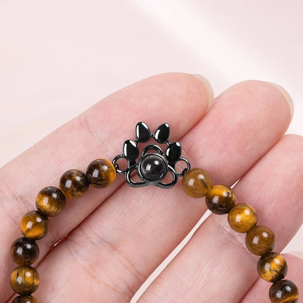 Custom Photo Projection Paw Print Tiger Eye Beaded Bracelet