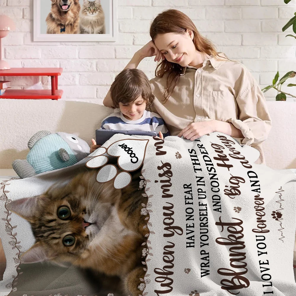 Personalized Miss Me No Fear Paw Print Soft Throw Blanket with Pet Photo and Name