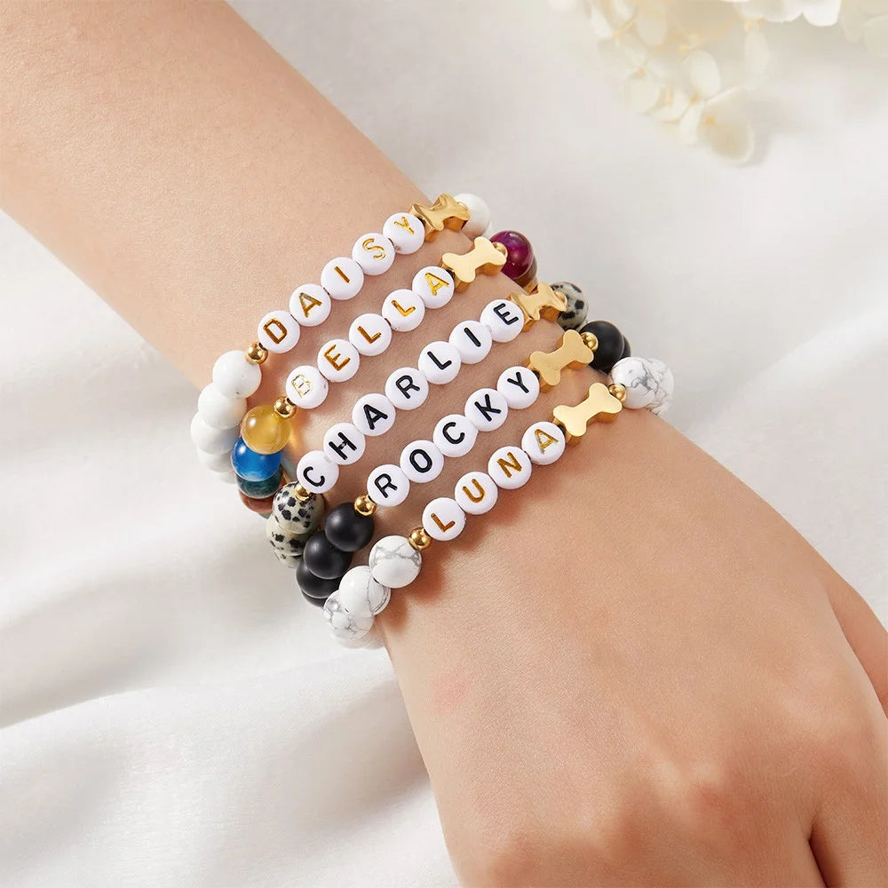 Personalized Pet Name Dog Bone Beaded Bracelet