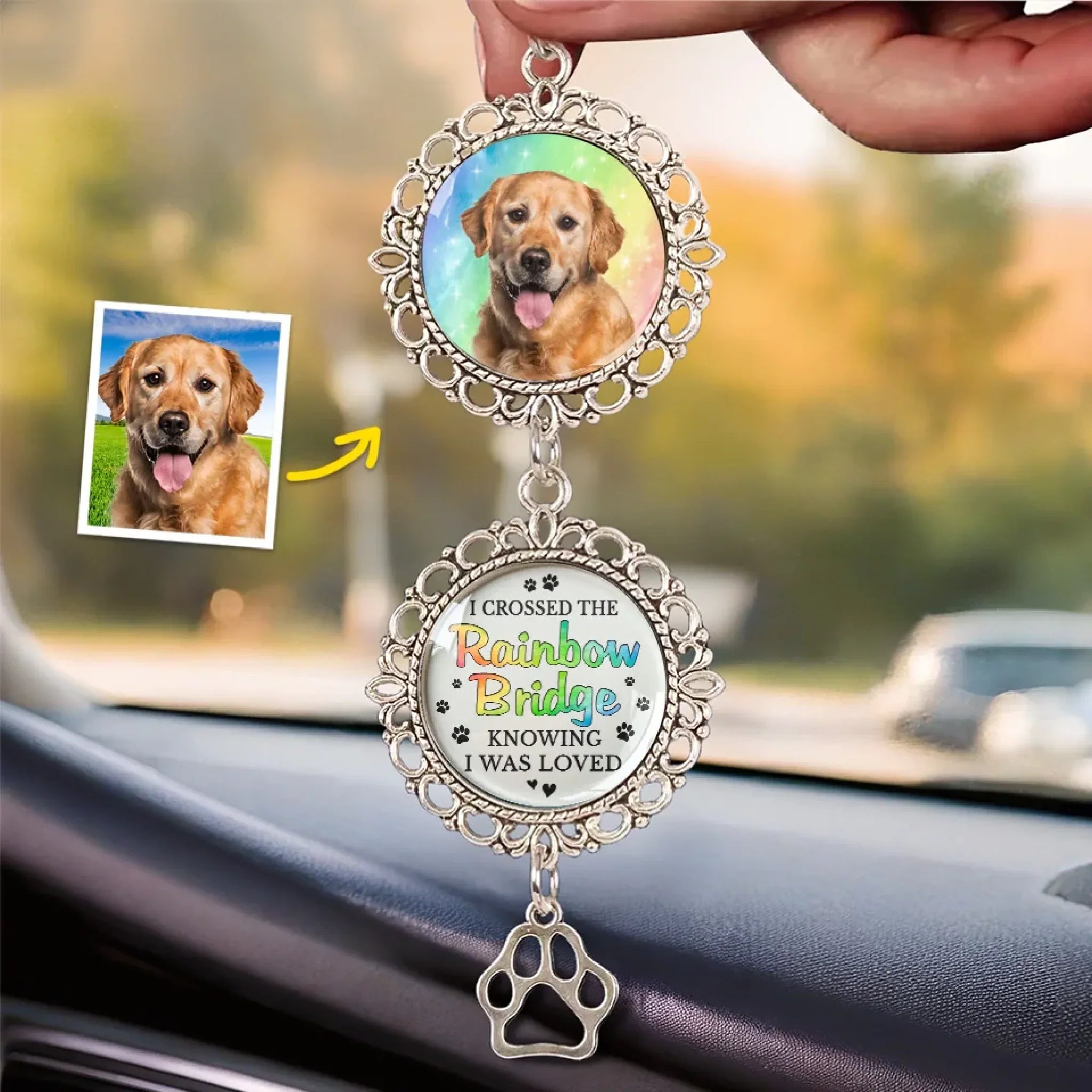 Custom Photo A Piece Of My Heart Is At The Rainbow Bridge - Memorial Personalized Custom Metal Car Hanging Ornament With Charm - Sympathy Gift For Pet Owners, Pet Lovers