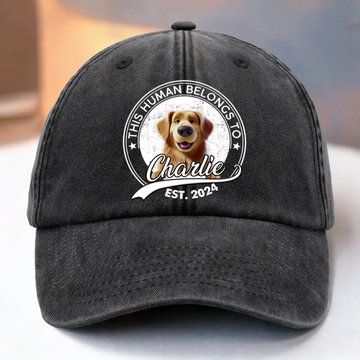 This Human Belongs To Me - Dog Personalized Custom Vintage Washed Denim Baseball Cap