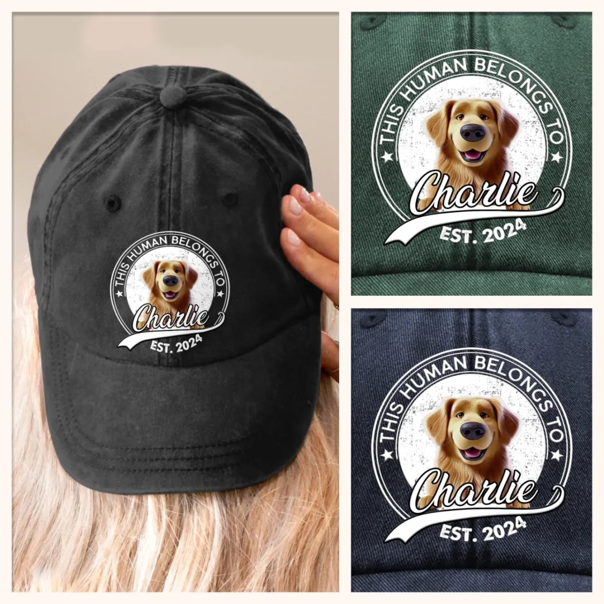 This Human Belongs To Me - Dog Personalized Custom Vintage Washed Denim Baseball Cap