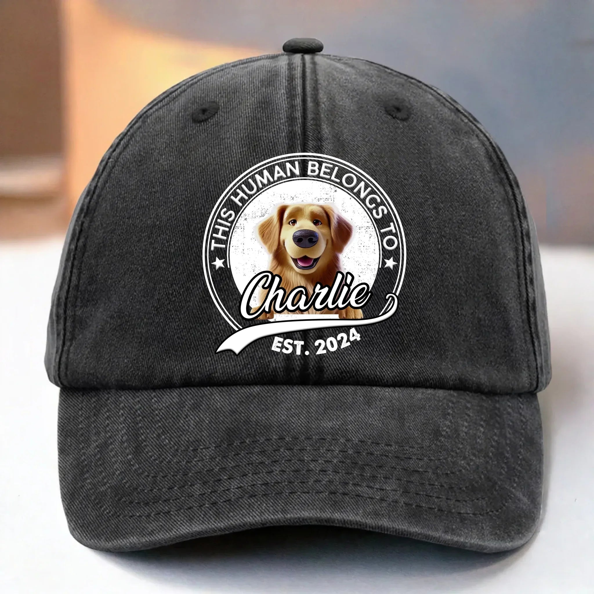 This Human Belongs To Me - Dog Personalized Custom Vintage Washed Denim Baseball Cap