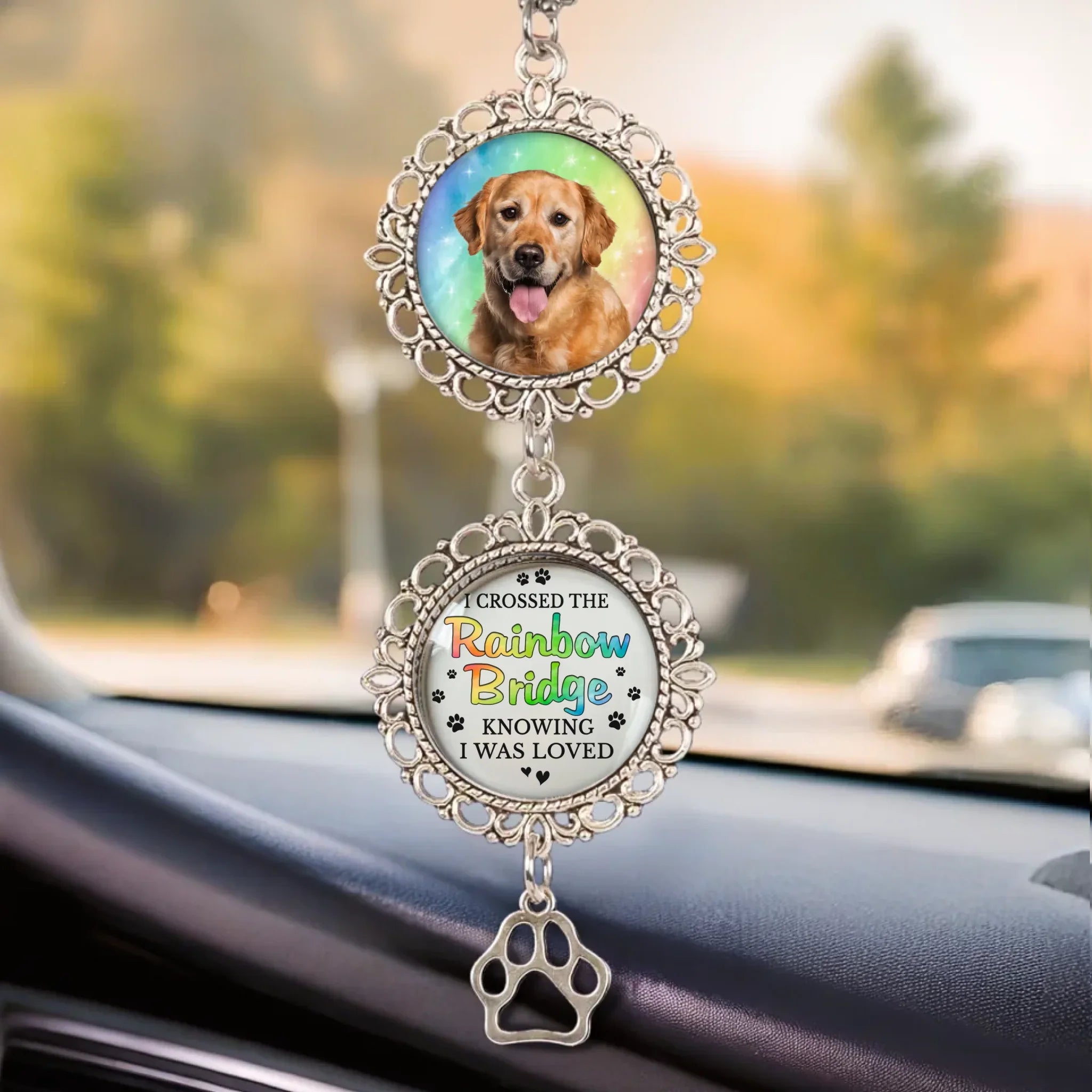 Custom Photo A Piece Of My Heart Is At The Rainbow Bridge - Memorial Personalized Custom Metal Car Hanging Ornament With Charm - Sympathy Gift For Pet Owners, Pet Lovers