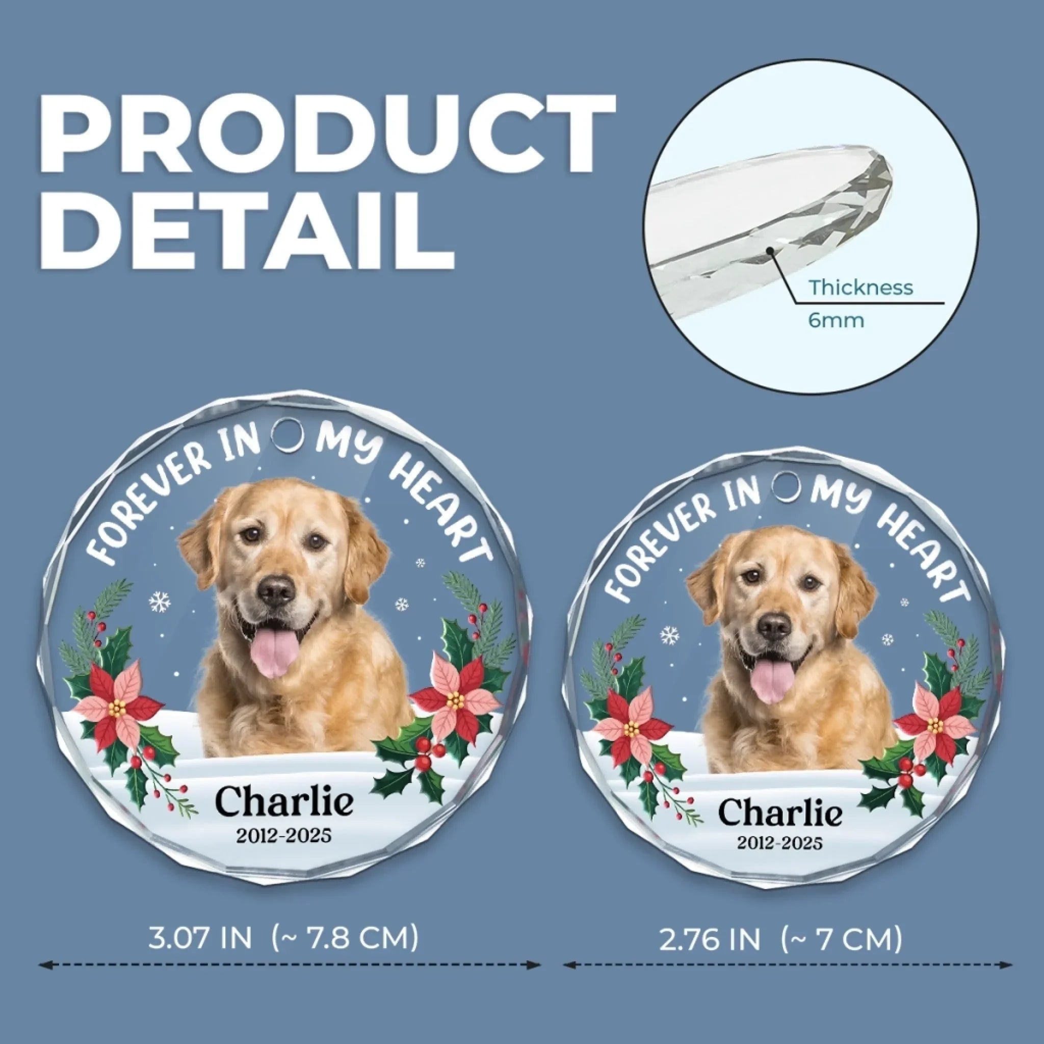 Custom Photo Circle Glass Ornament - Personalized Pet Memorial Sympathy Gifts For Dogs, Cats