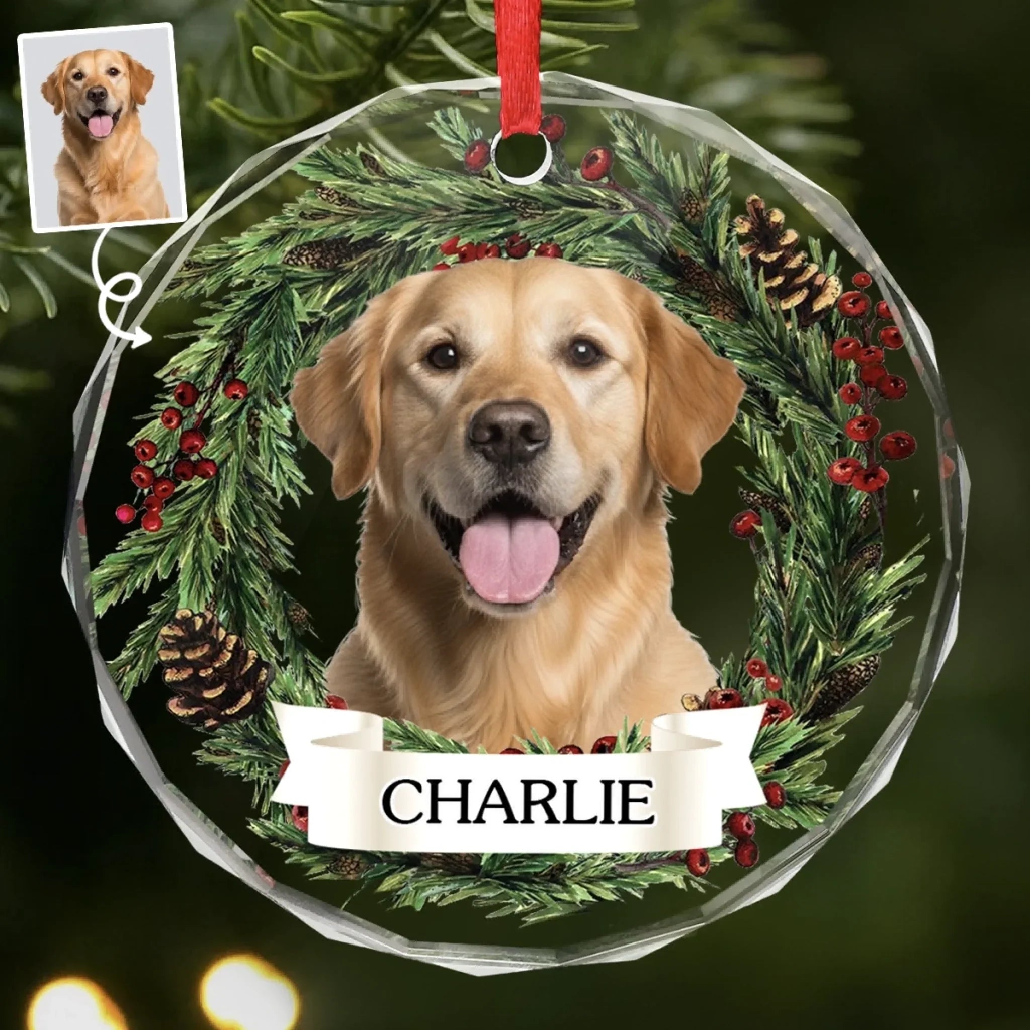 Custom Photo Circle Glass Ornament - Personalized Pet Christmas Memorial Sympathy Gifts For Dogs, Cats