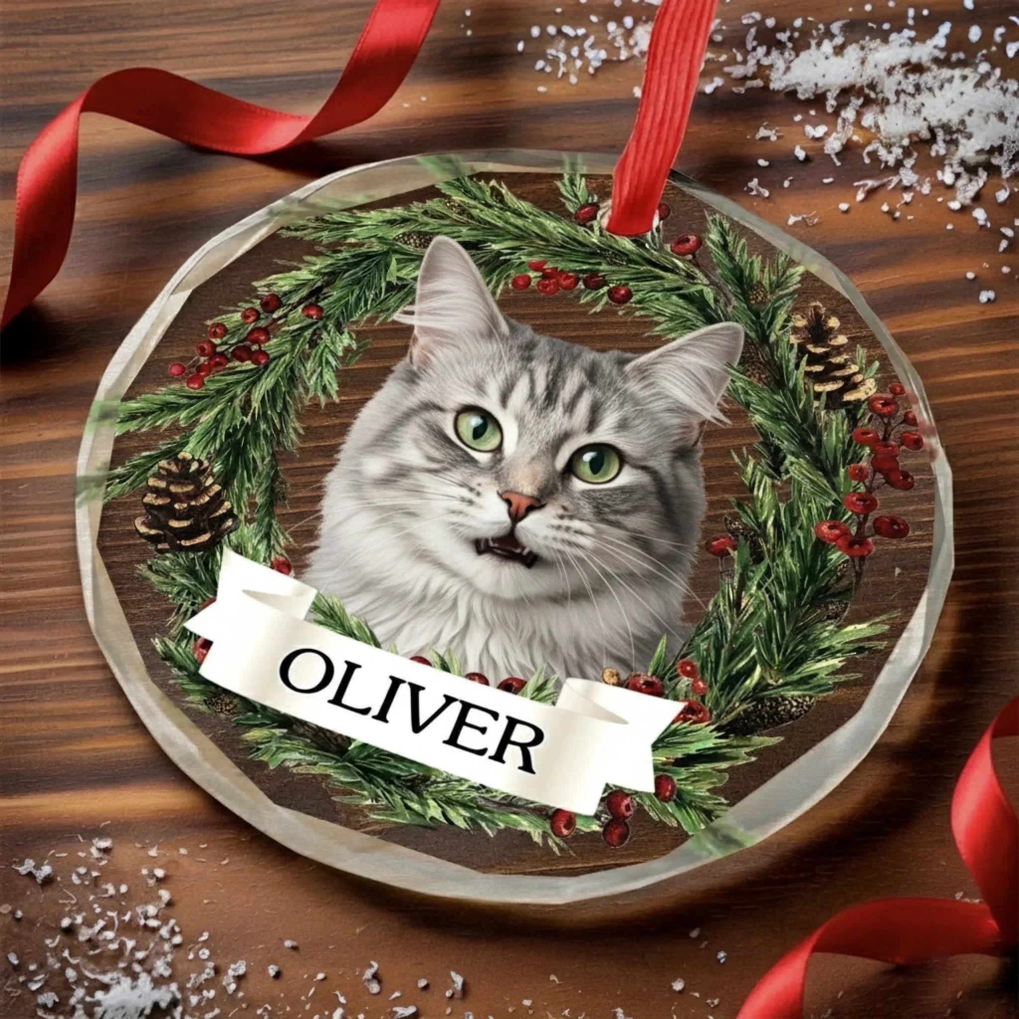 Custom Photo Circle Glass Ornament - Personalized Pet Christmas Memorial Sympathy Gifts For Dogs, Cats