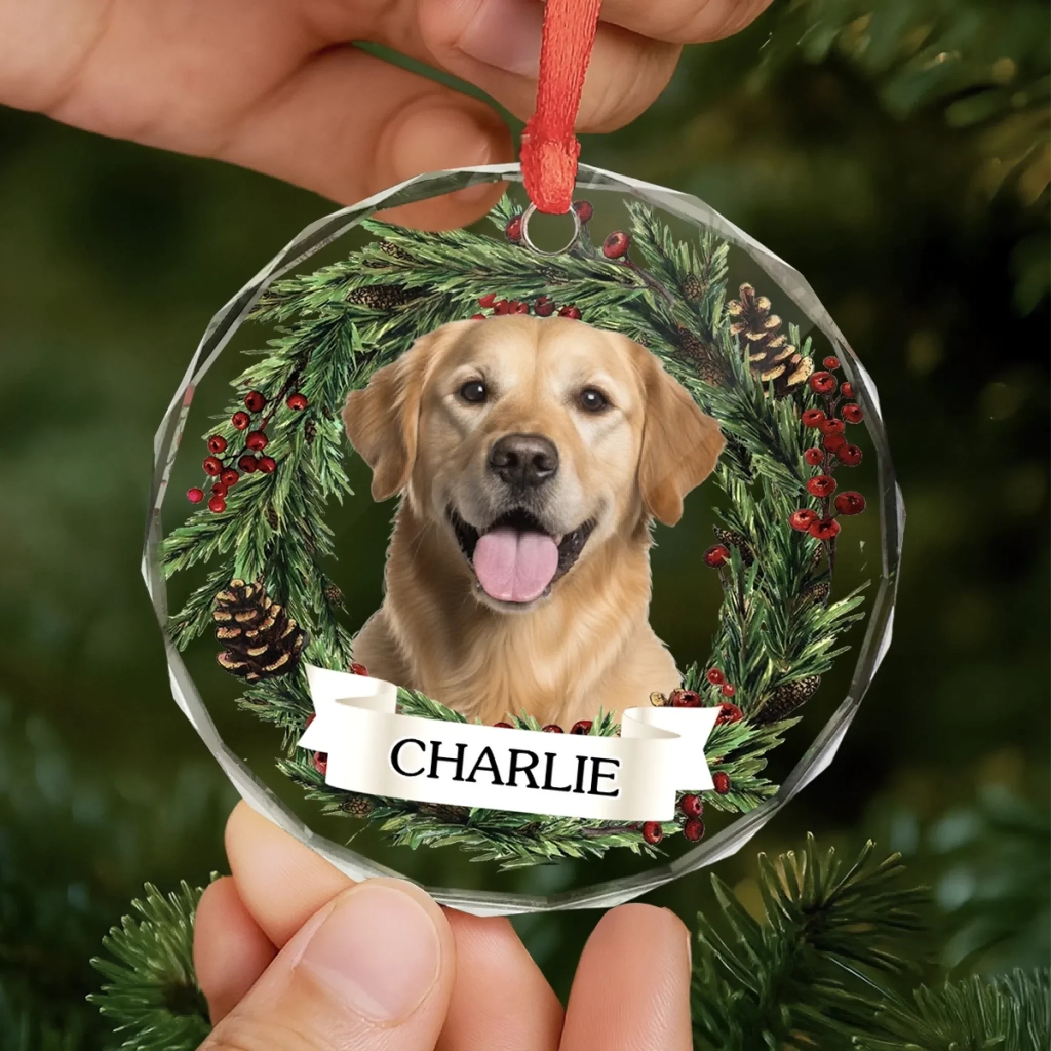 Custom Photo Circle Glass Ornament - Personalized Pet Christmas Memorial Sympathy Gifts For Dogs, Cats