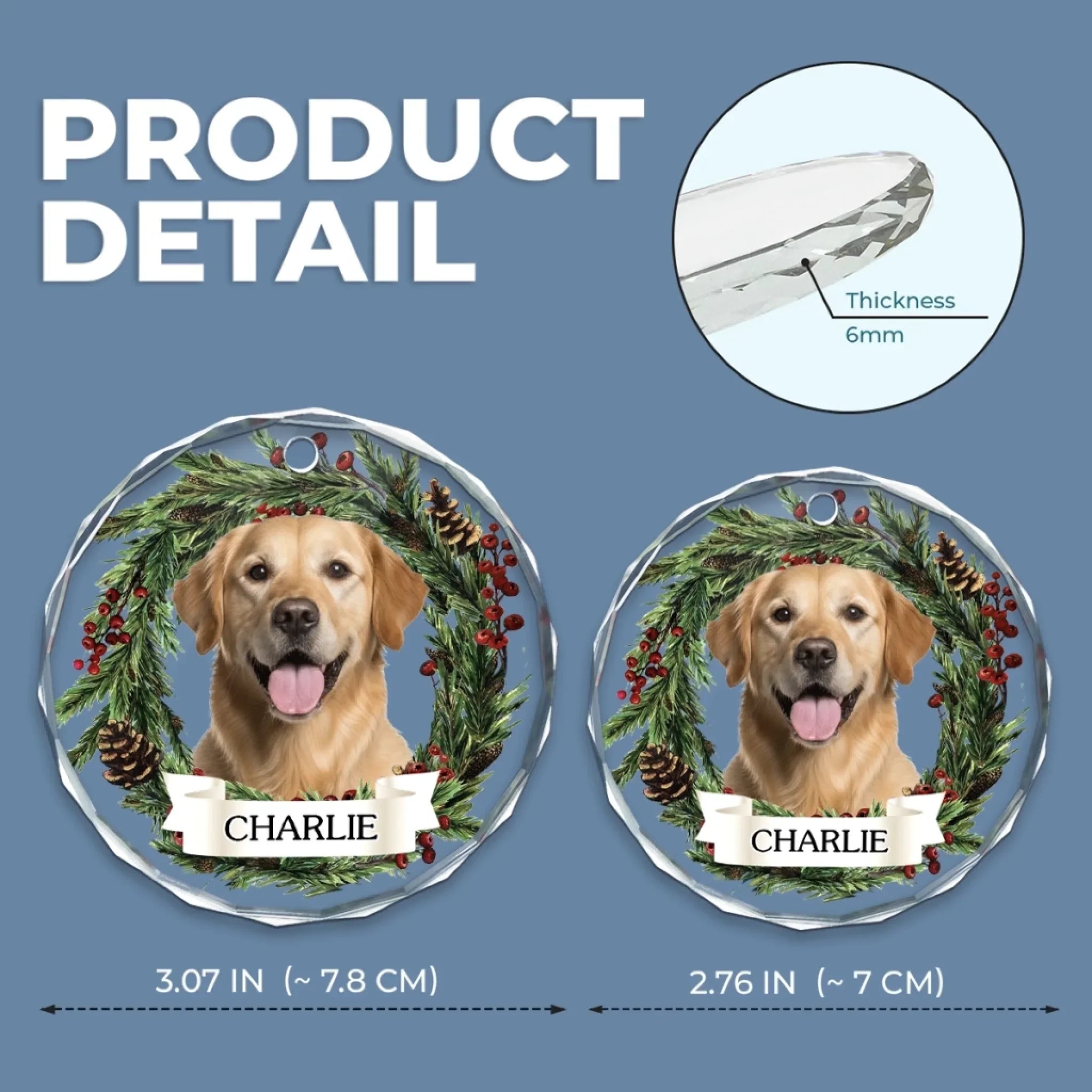 Custom Photo Circle Glass Ornament - Personalized Pet Christmas Memorial Sympathy Gifts For Dogs, Cats