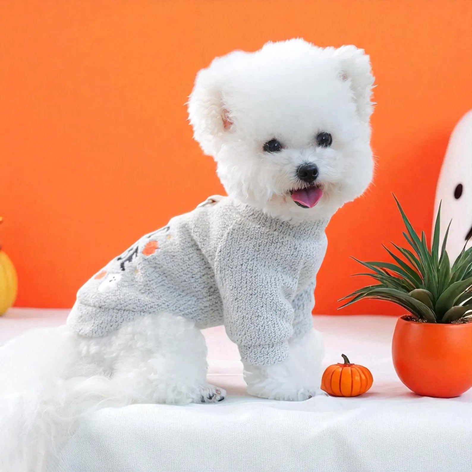 Embroidered Pumpkin Ghost Pet Sweater: Halloween Dog Cat Pullover
