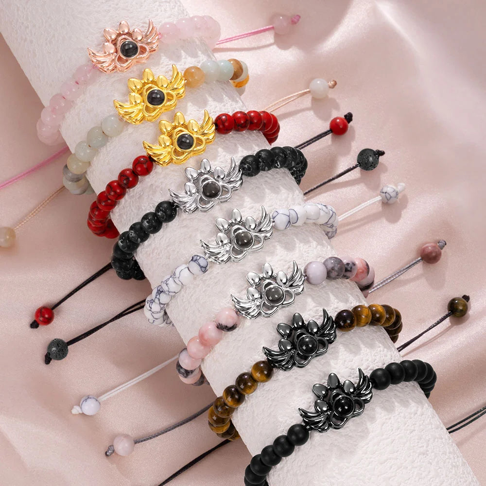 Custom Photo Projection Paw Print Tiger Eye Beaded Bracelet