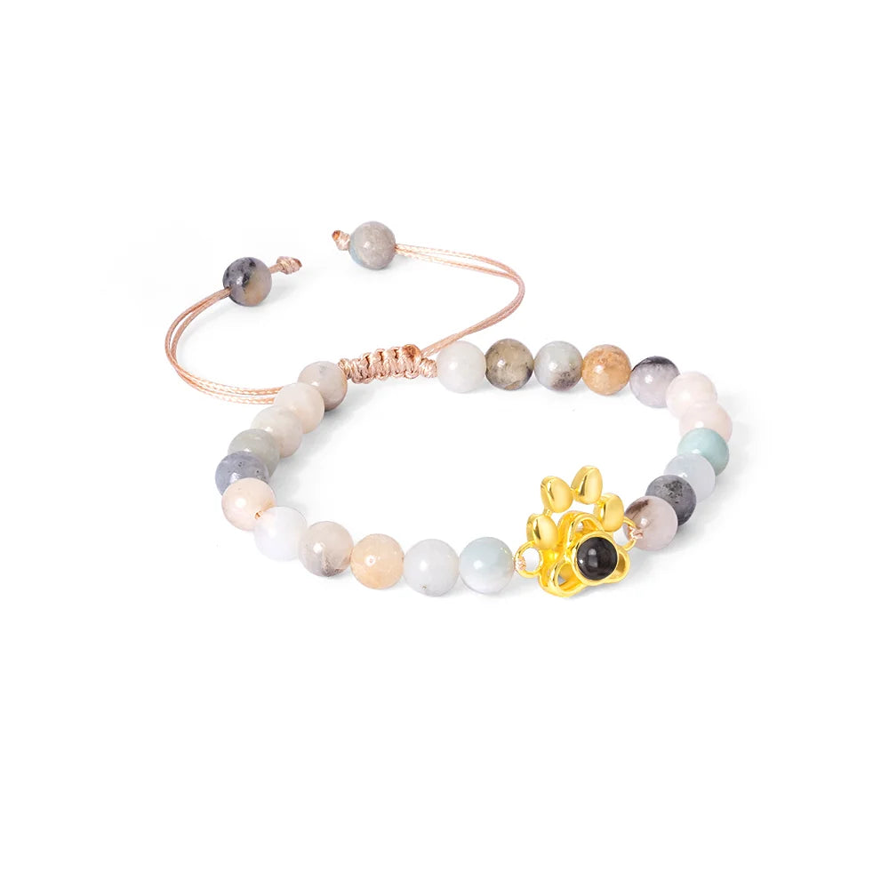 Custom Photo Projection Paw Print Tiger Eye Beaded Bracelet