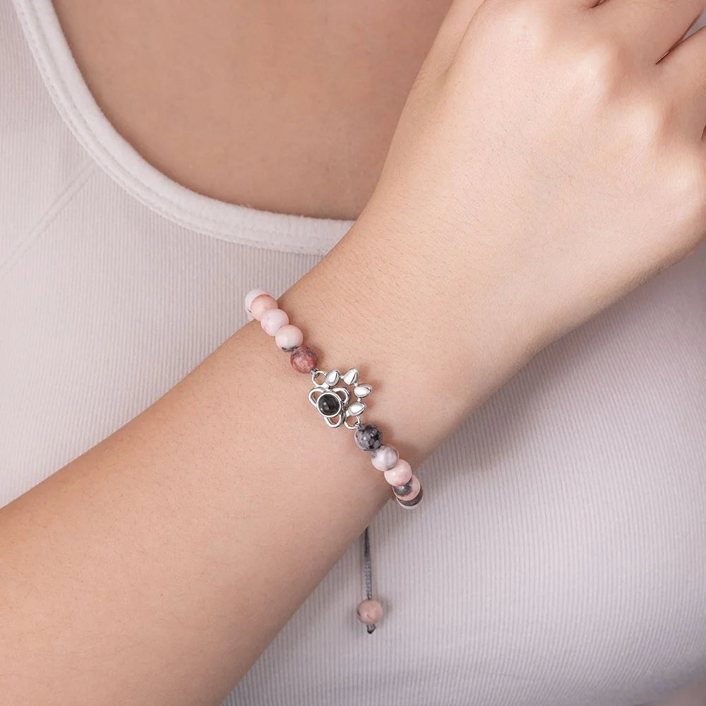 Custom Photo Projection Paw Print Tiger Eye Beaded Bracelet