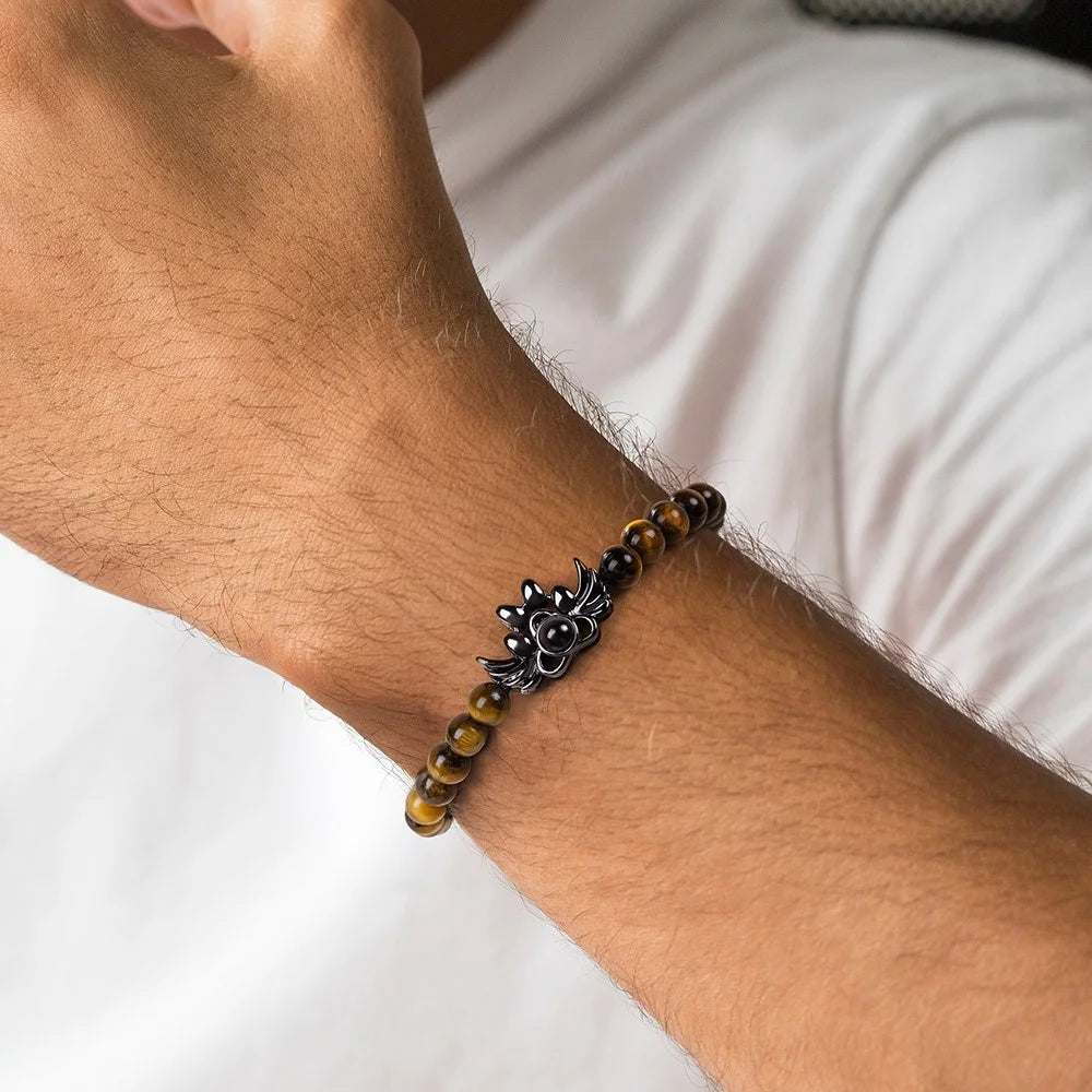 Custom Photo Projection Paw Print Tiger Eye Beaded Bracelet