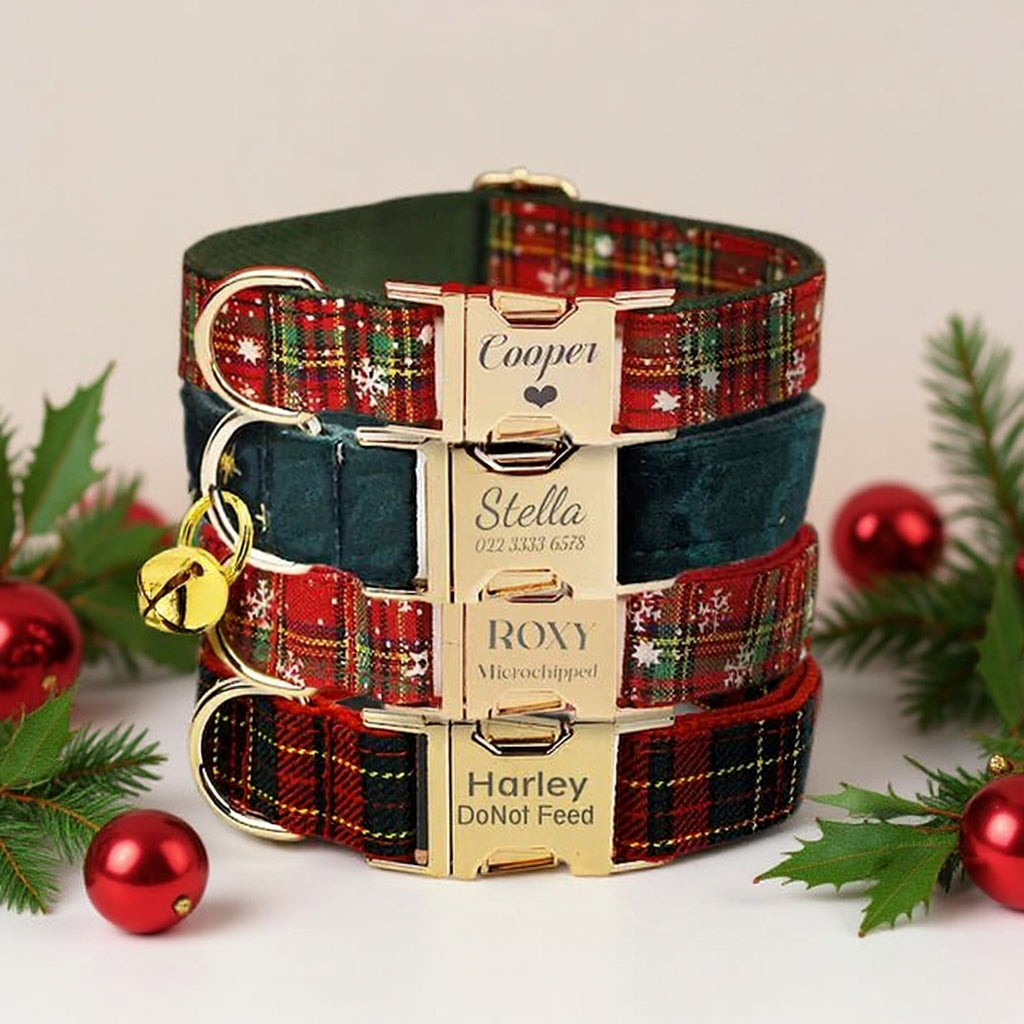 Personalize Dog Collar Leash Set with Bow Xmas Santa Collar for Puppies Engraved Pet Name