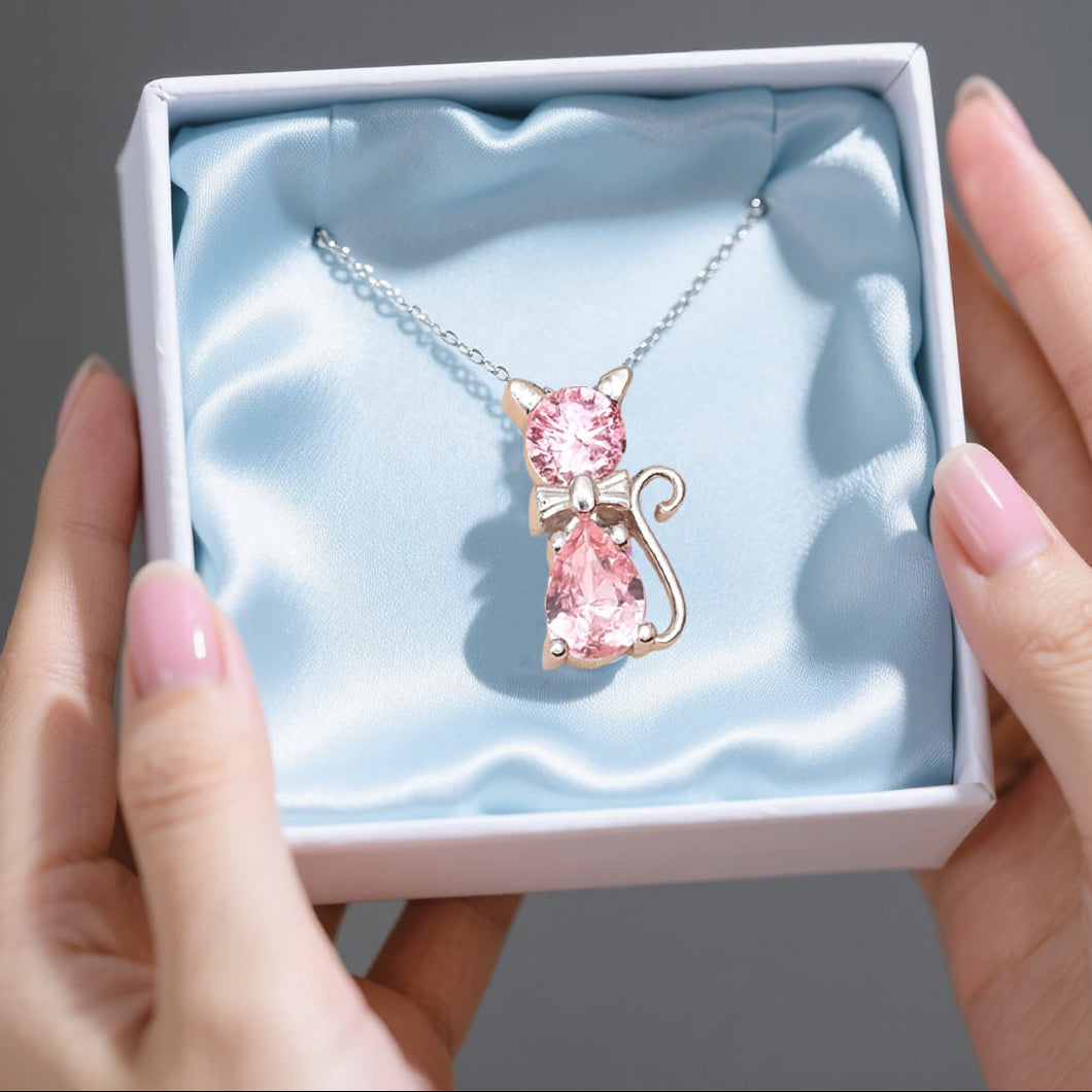 Custom Cat Bow Birthstone Necklace - Personalized Gifts For Cat Lovers