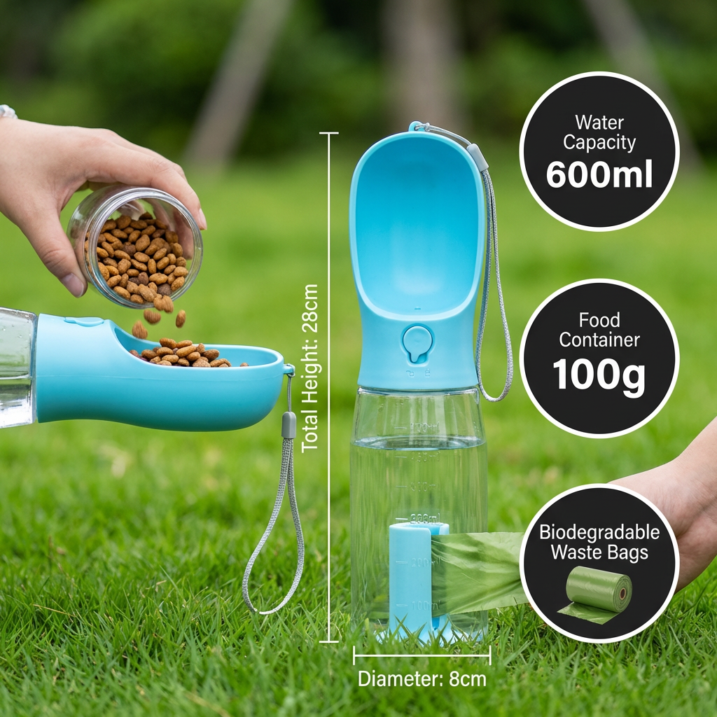 3-in-1 Dog Water Bottle – Travel Bottle with Food Container