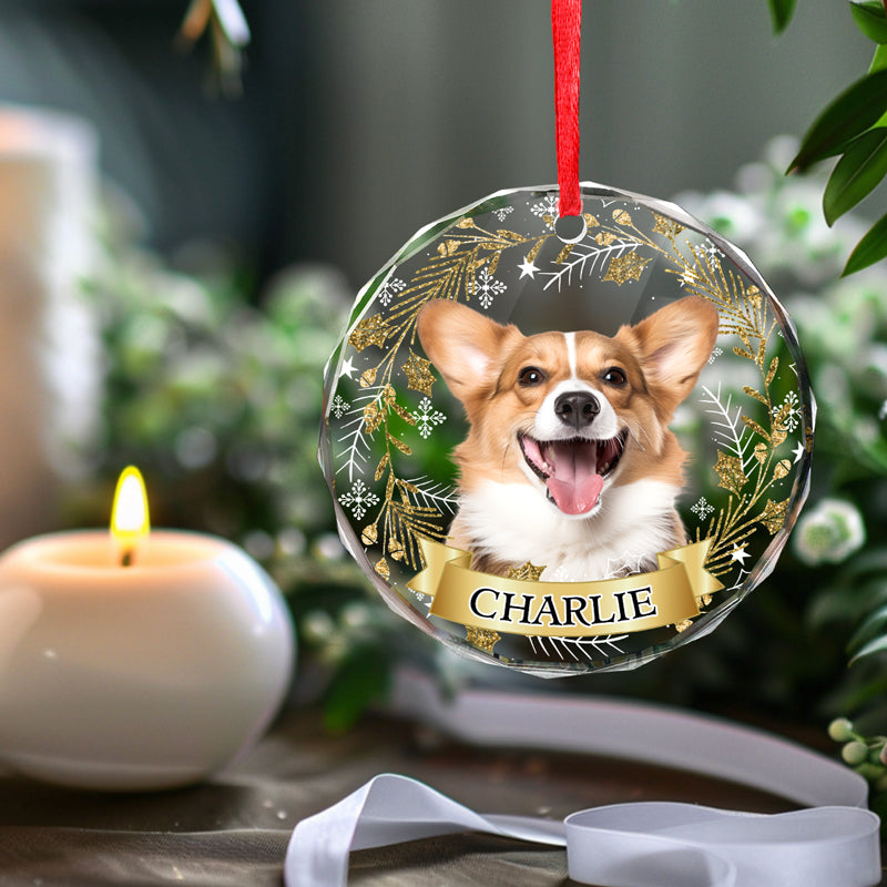 Custom Photo Happiness Is A Warm Puppy Or A Purring Kitty - Dog & Cat Personalized Custom Circle Glass Ornament - Christmas Gift For Pet Owners
