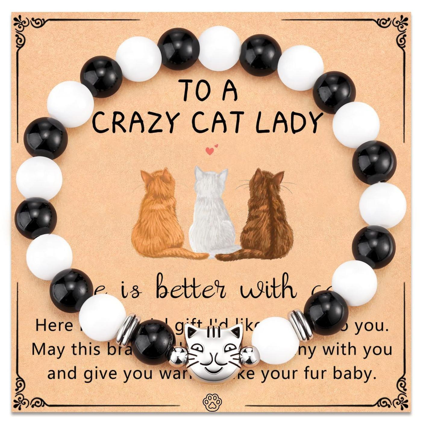 To That Special Crazy Cat Lady –  Life Is Better with Cats Black Stone Beaded Bracelet