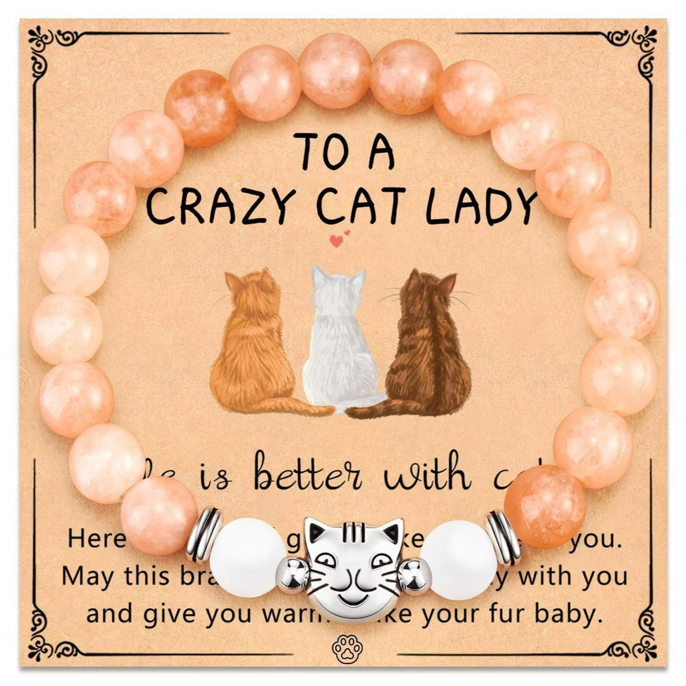 To That Special Crazy Cat Lady –  Life Is Better with Cats Black Stone Beaded Bracelet