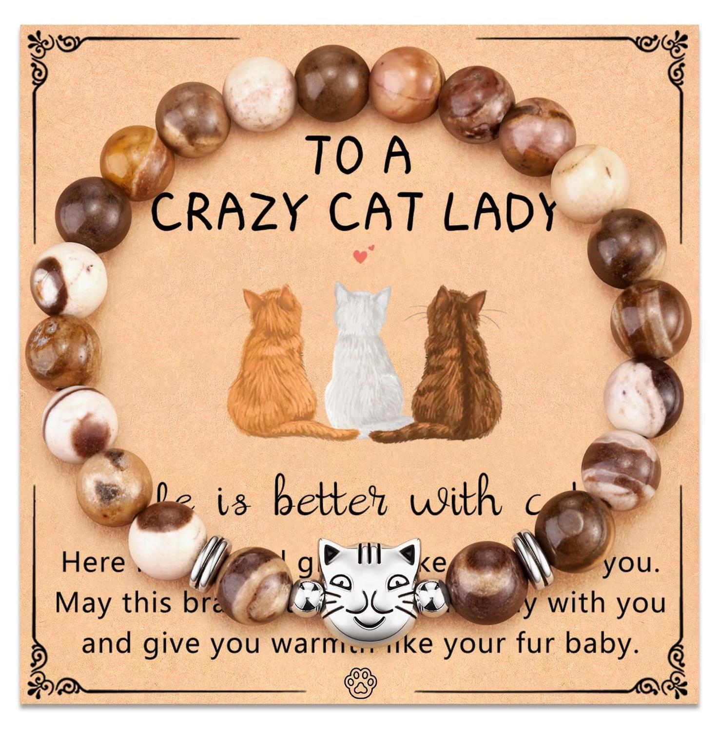 To That Special Crazy Cat Lady –  Life Is Better with Cats Black Stone Beaded Bracelet