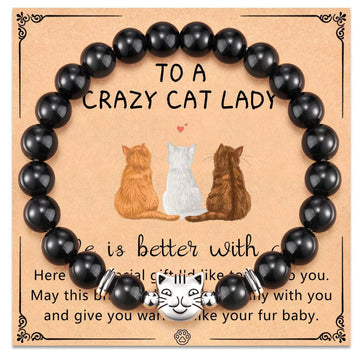 To That Special Crazy Cat Lady –  Life Is Better with Cats Black Stone Beaded Bracelet