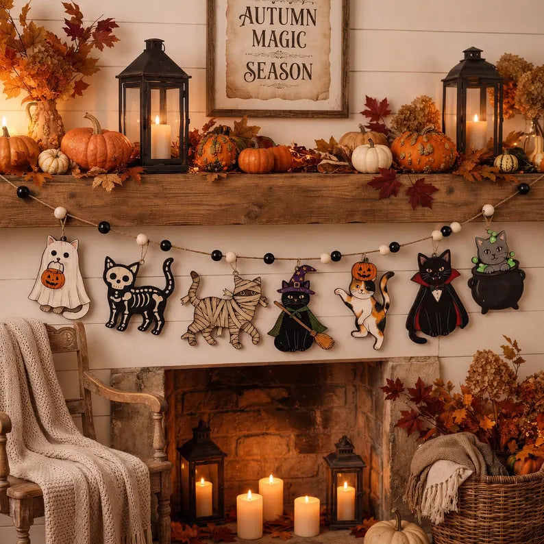 Halloween Cat Wooden Garland Spooky Pet Decor