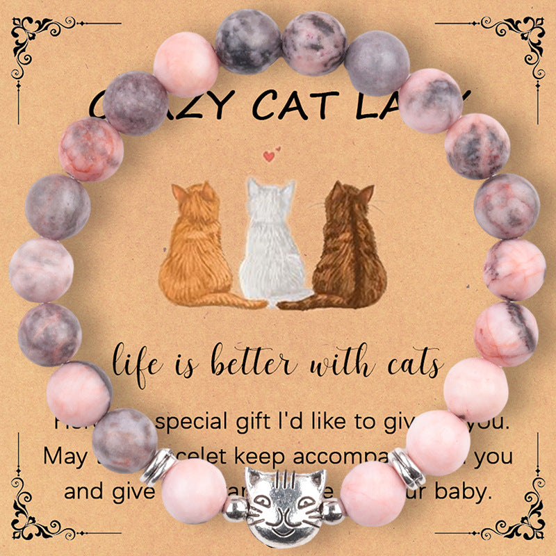 To That Special Crazy Cat Lady –  Life Is Better with Cats Black Stone Beaded Bracelet
