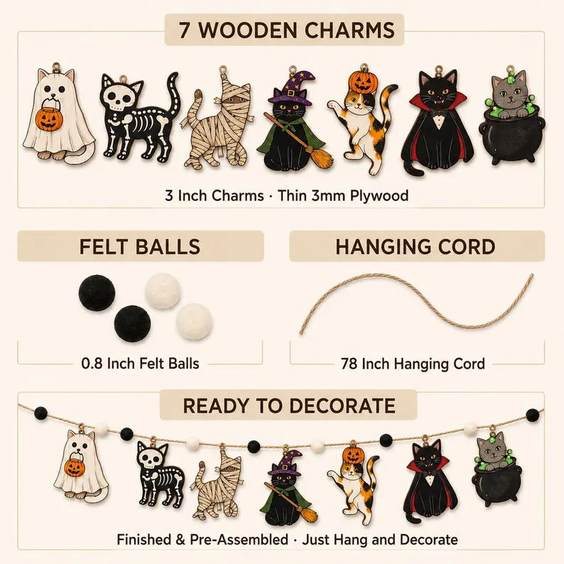 Halloween Cat Wooden Garland Spooky Pet Decor