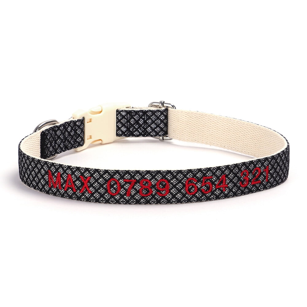 Personalized Embroidered Dog Collar – Adjustable Nylon with Custom Name & Number