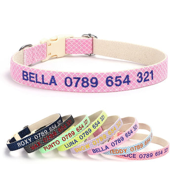 Personalized Embroidered Dog Collar – Adjustable Nylon with Custom Name & Number
