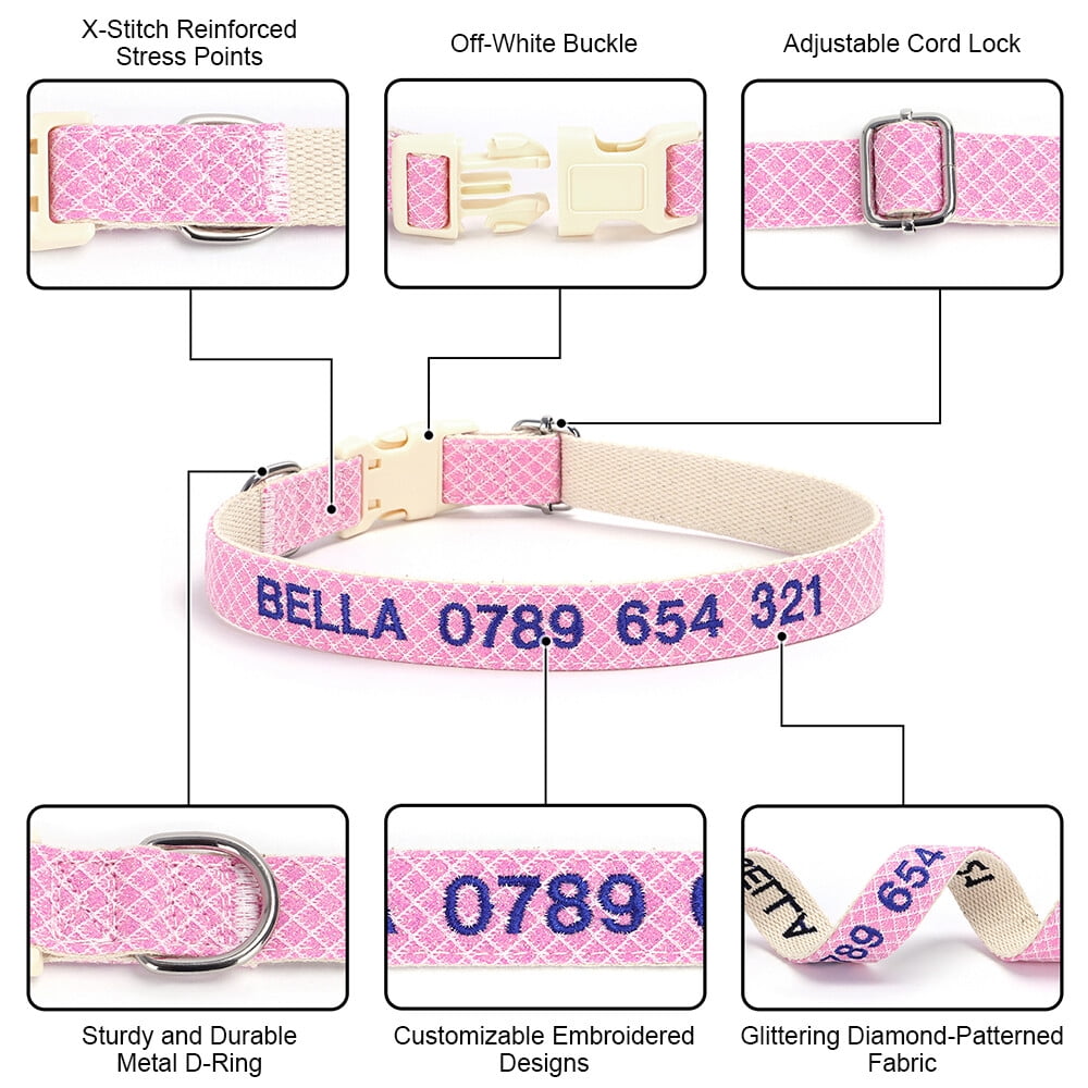 Personalized Embroidered Dog Collar – Adjustable Nylon with Custom Name & Number